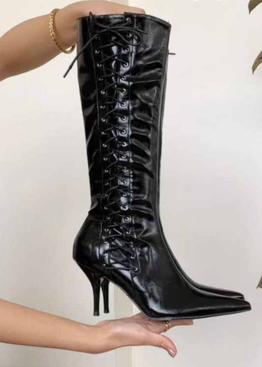 Black Leather  Lace-Up Pointed -Toe Boots