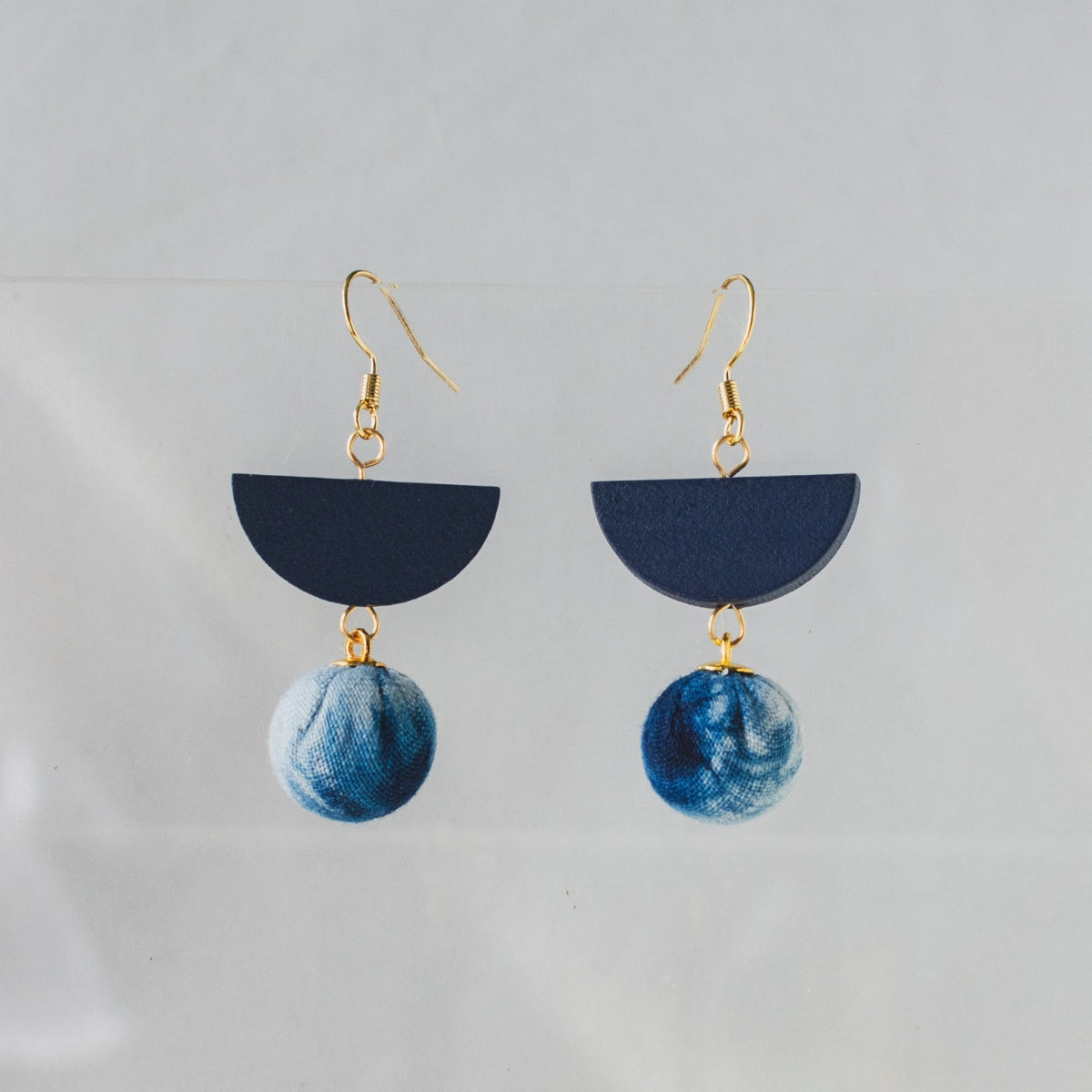 Blue Dyed Cloth Ball Earrings