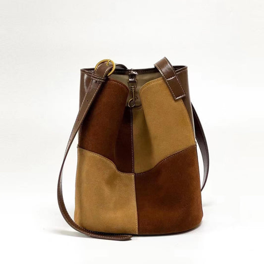 Vintage  Leather Stitching Lattice Bucket Bag
