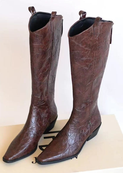 Brown Vintage The -Knee Pointed-Toe Boots