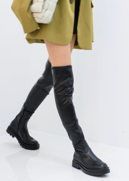 Chelsea Ove-Knee Strechable Vegan Leather Boots With Platform