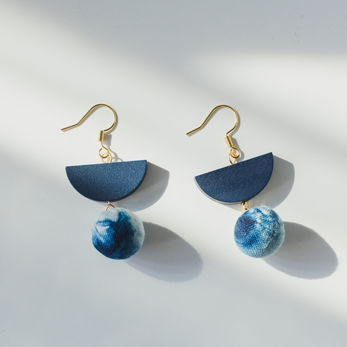 Blue Dyed Cloth Ball Earrings