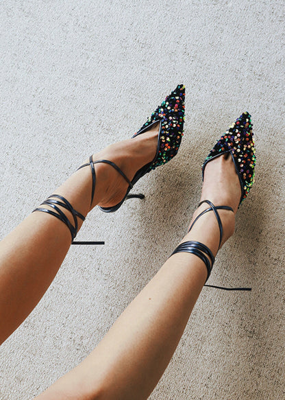 Pointed -Toe Sequin Strappy Pumps
