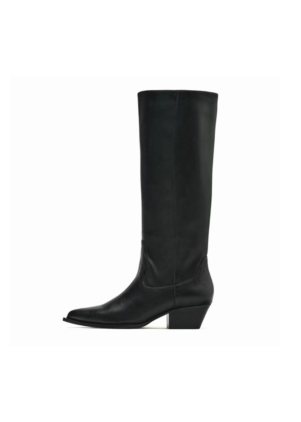 Black Pointed -Toe Knee Leather Boots