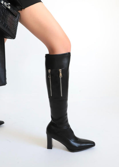 Black Leather Pointed-Toe Boots