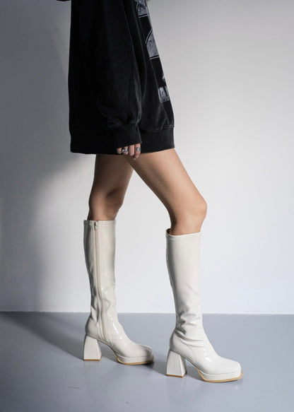 Patent Bulla 70's Retro Knee- High Platform Leather Boots With Square Toes