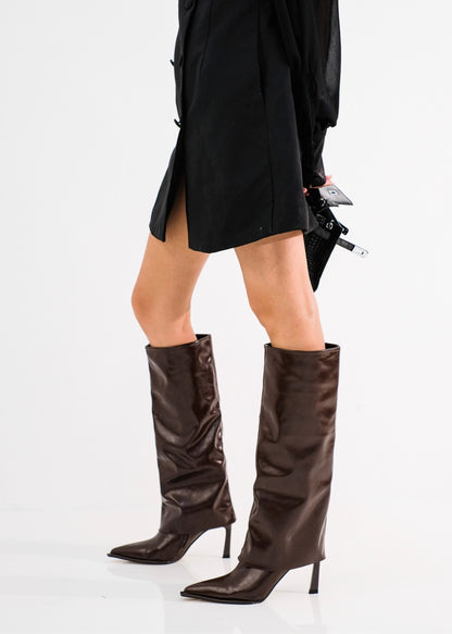 Fold-over knee-high Stiletto leather Boots With Adjustable Layered Shaft