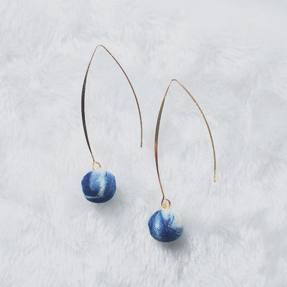 Long Lug Hook Cloth Blue Ball Earrings