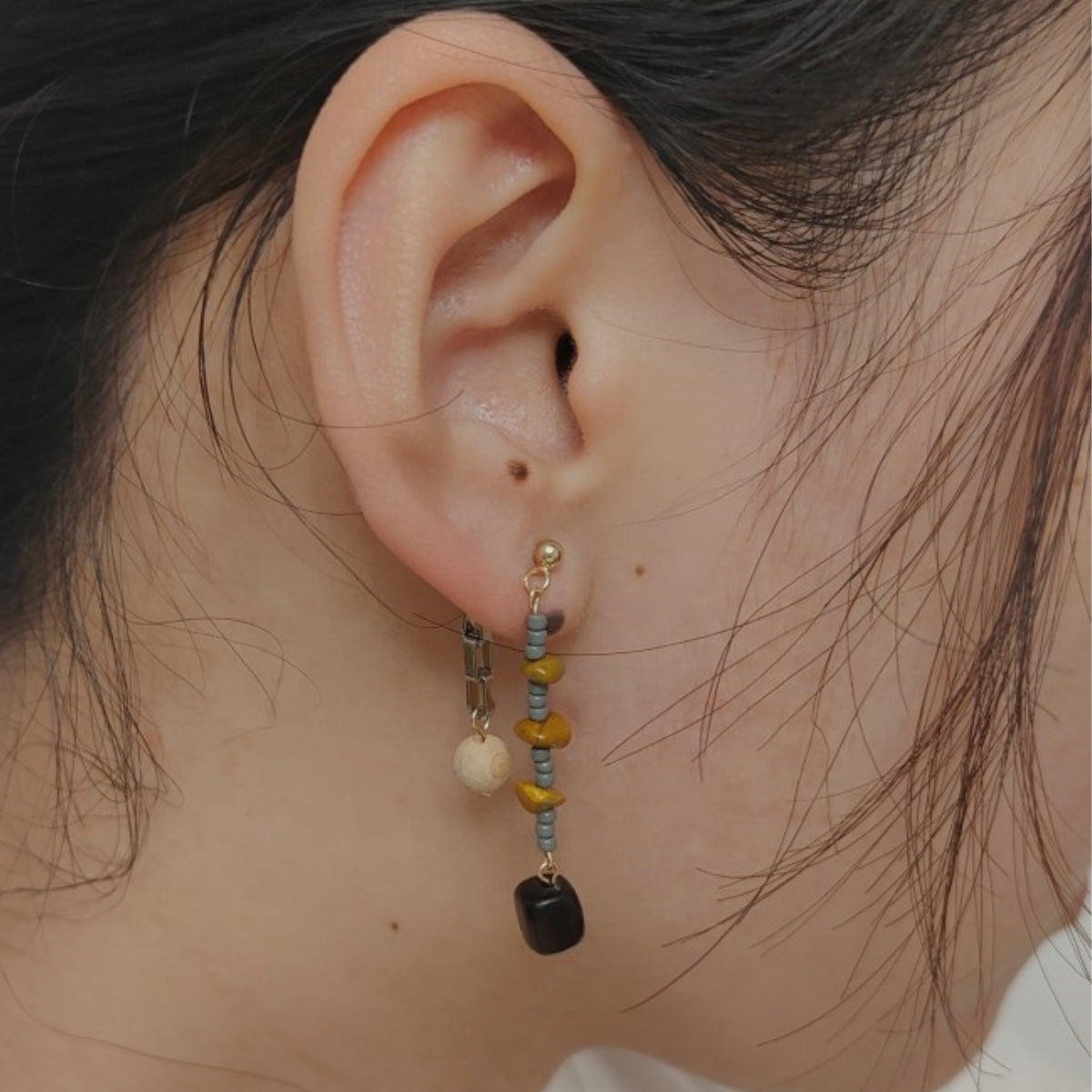 Natural Jade Colored Glass Irregular Two Wearing Earrings