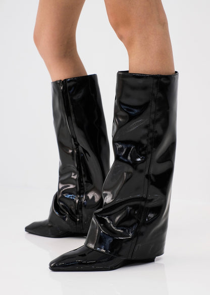 Shark knee -High Fold -over Layered  leather Pant Boots with Wedge Heels