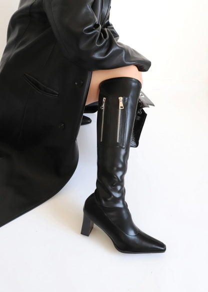 Black Leather Pointed-Toe Boots