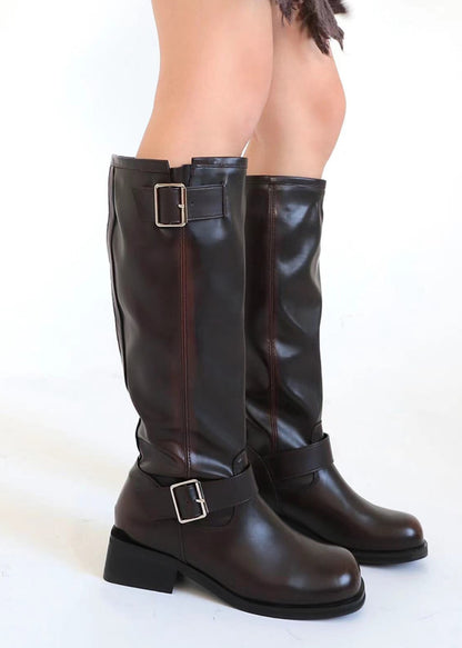Vintage Brown Round Toe Loose The-Knee Boots