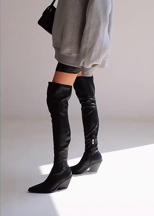 Pointy Toe Thigh High Slouchy Heel Boots | White thigh high boots, Black over  knee boots, Knee high leather boots