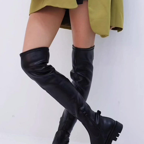 black CHELSEA STRETCHABLE LEATHER OVER KNEE BOOTS WITH PLATFORM
