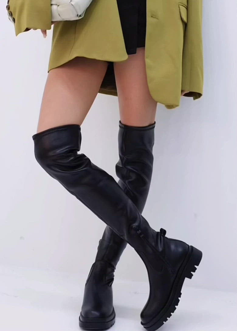 black CHELSEA STRETCHABLE LEATHER OVER KNEE BOOTS WITH PLATFORM