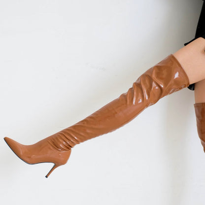 MILK BROWN VAVA AYLAH OVER-KNEE FAUX PATENT LEATHER BOOTS WITH FAUX FUR INNER