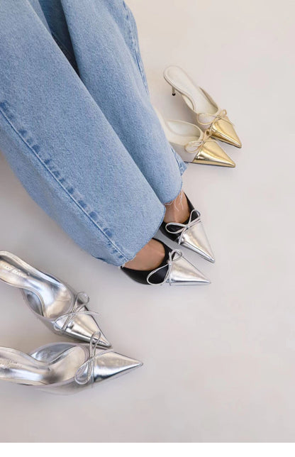 Bowknot Stitching Pointed -Toe Blingback Pumps