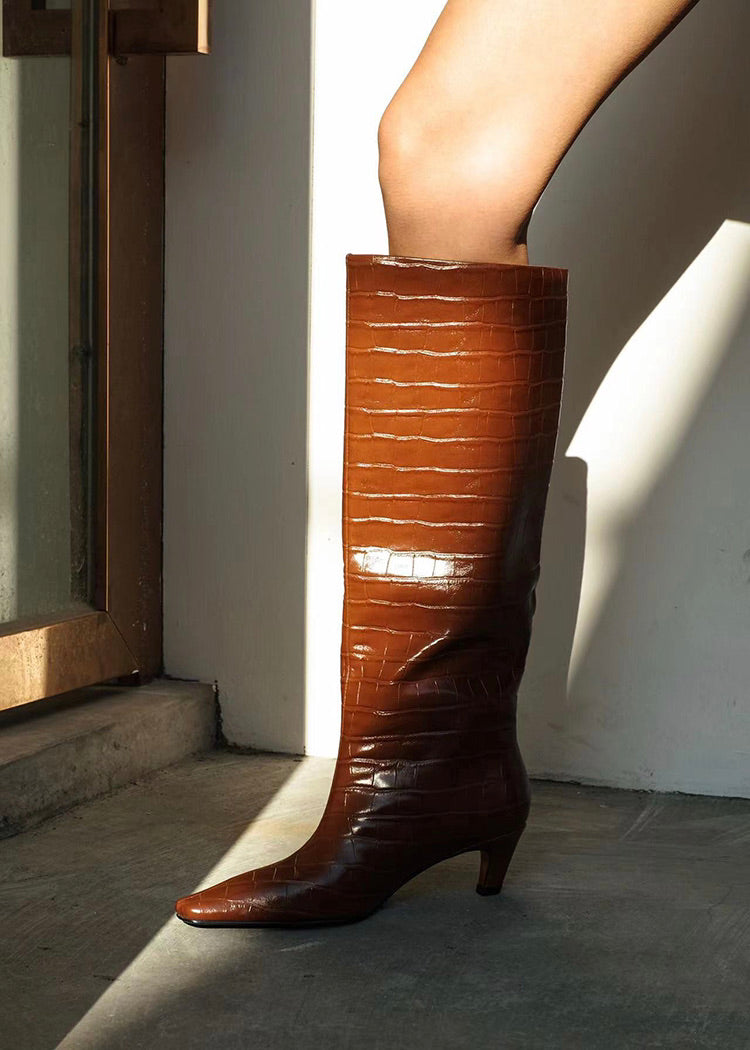 BROWN THE WIDE SHAFT CROCO-PRINT KNEE-HIGH LEATHER BOOTS